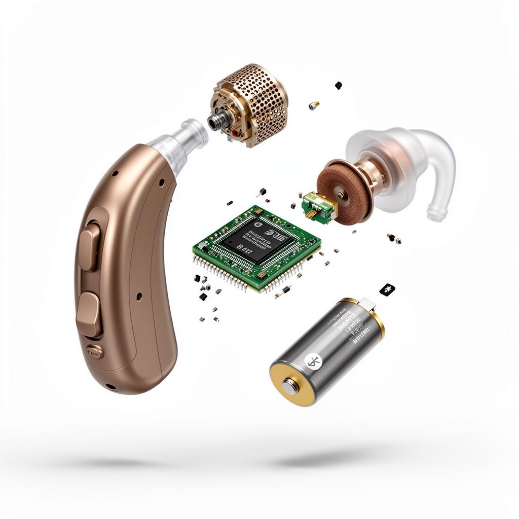 Exploded view diagram showing hearing aid components - microphone, processor, receiver, battery