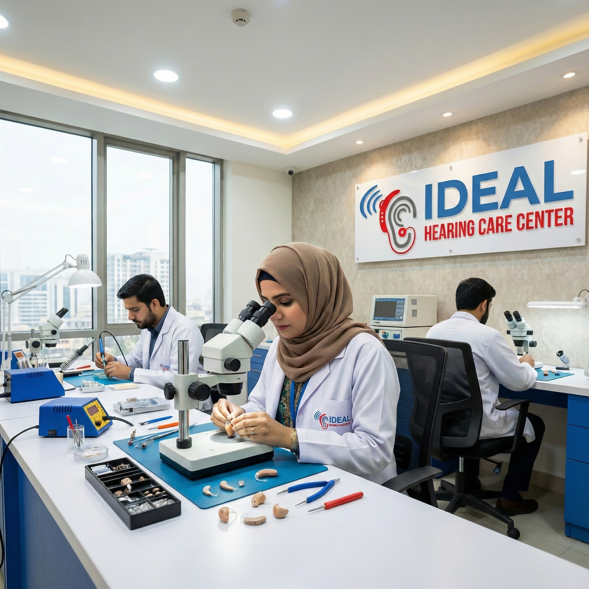 Hearing aid repair laboratory at Ideal Hearing Care Center Rawalpindi - precision equipment and tools