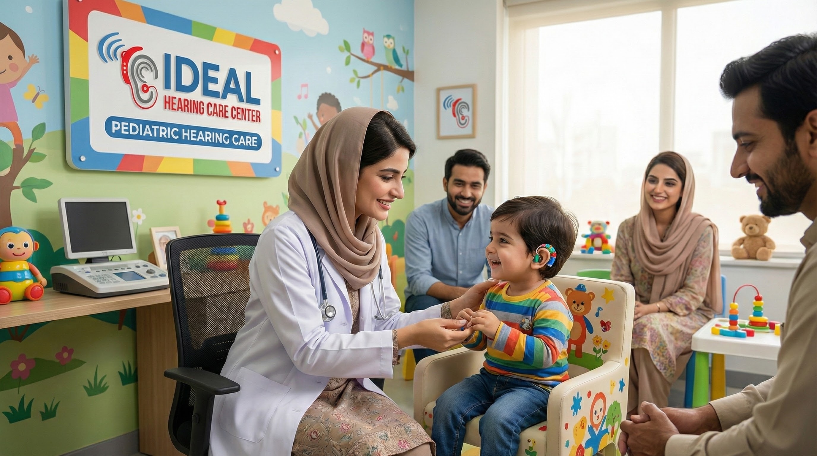 Pediatric hearing specialist testing child's hearing at Ideal Hearing Care Center - Pediatric audiologist near Holy Family Hospital Rawalpindi