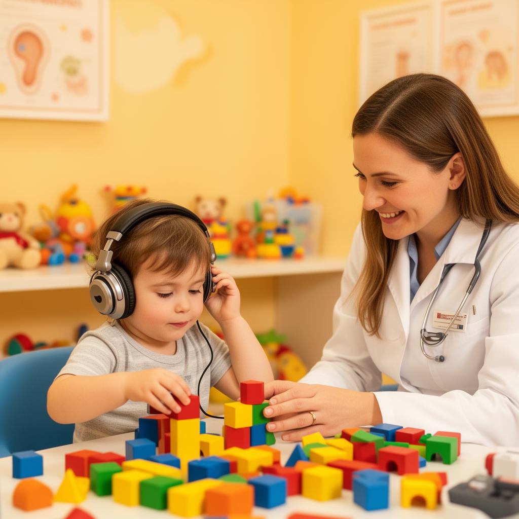 Child-friendly play audiometry hearing test with audiologist using colorful blocks