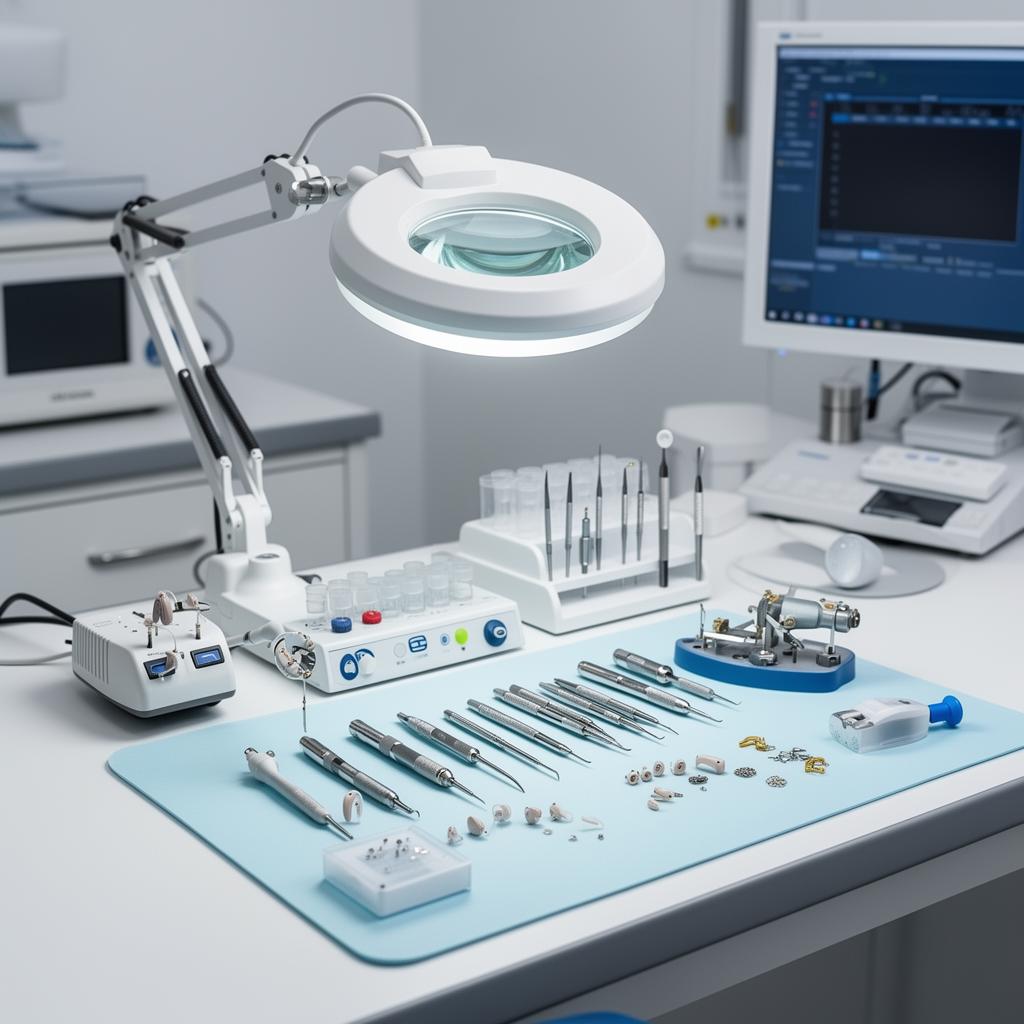 Professional hearing aid repair laboratory with precision tools