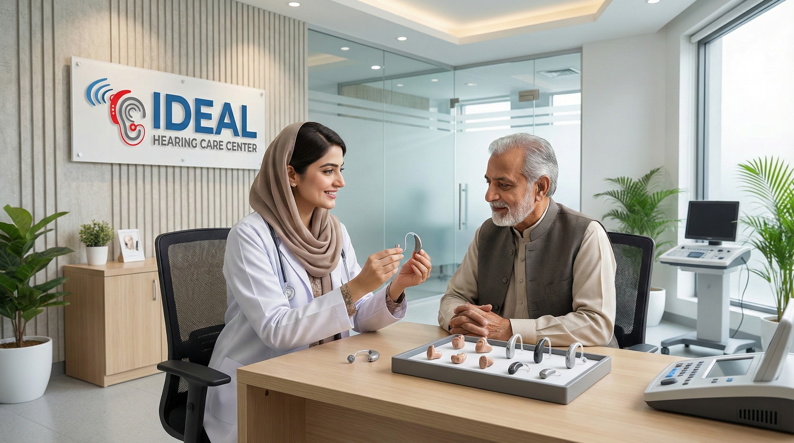 Patient trying hearing aid at Ideal Hearing Care Center Rawalpindi - Risk free trial